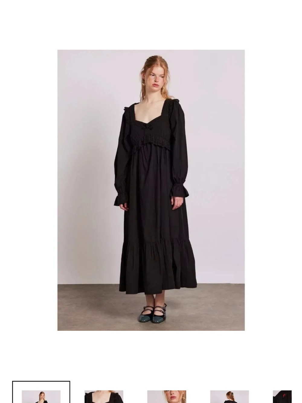 Damson Madder Black Eyelet Maxi Dress with Square Neck and Long Puff Sleeves